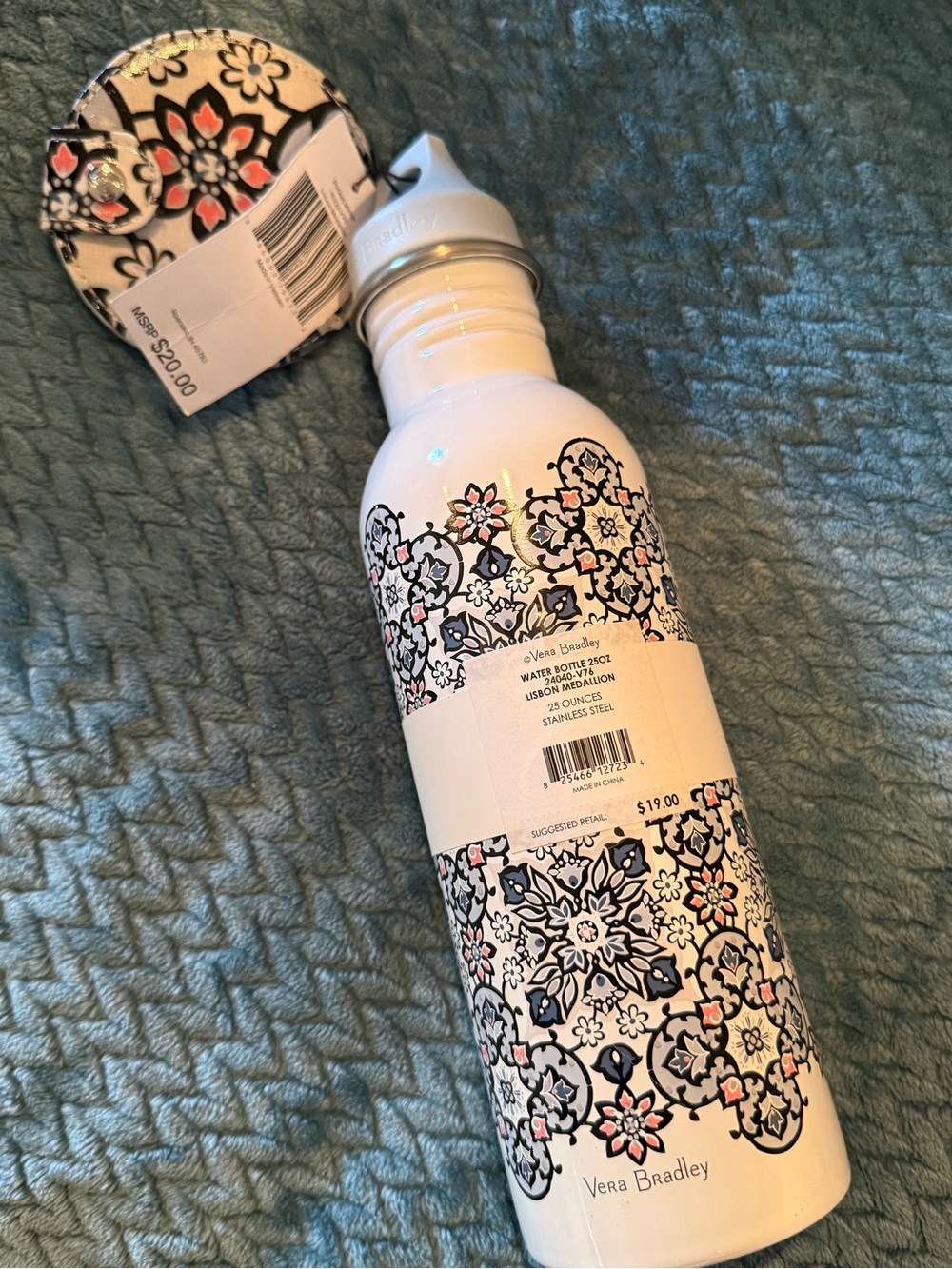 Vera Bradley Water Bottle w/Pocket Mirror in Lisbon Medallion